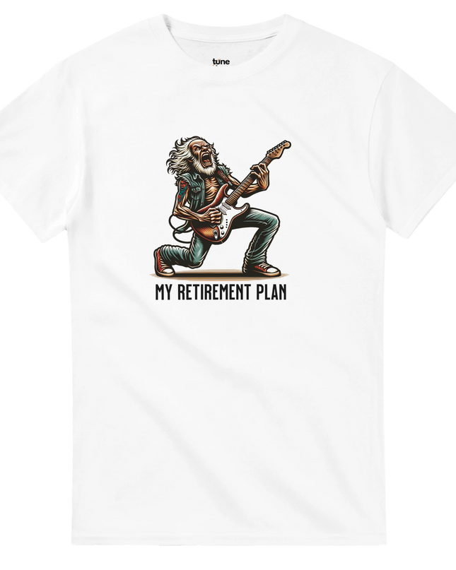 Flat-lay of shirt with retirement plan guitar graphic styled with headphones and vinyl