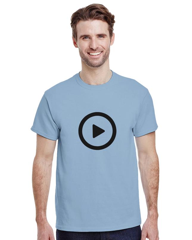 Model wearing Press Play unisex tee styled with vinyl record and jeans