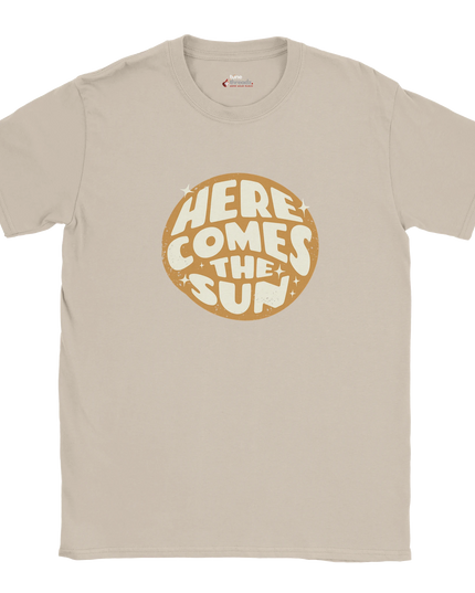 Here Comes the Sun lyric tee with retro sun graphic