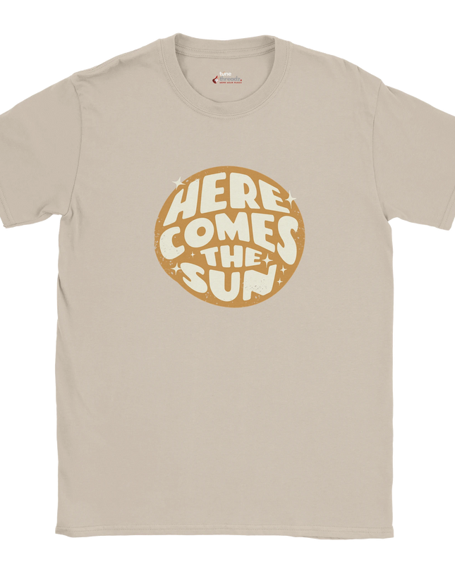 Here Comes the Sun lyric tee with retro sun graphic