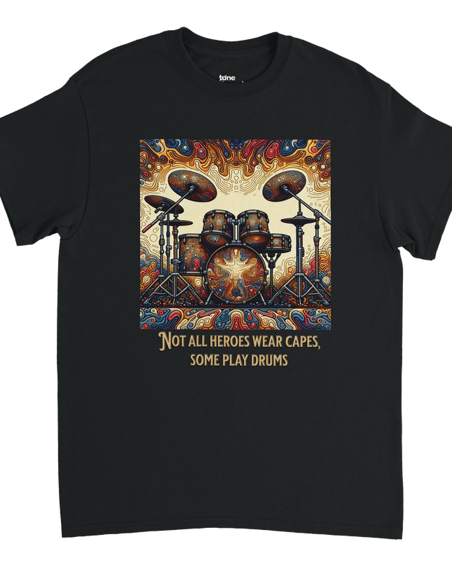 Unisex T‑shirt design showing drum set icon and ‘Not All Heroes Drums
text