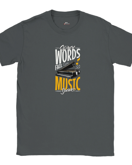Music Speaks tee with bold lyric graphic on soft cotton shirt