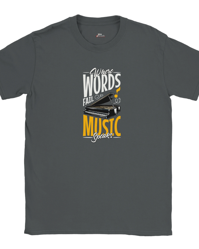 Music Speaks tee with bold lyric graphic on soft cotton shirt