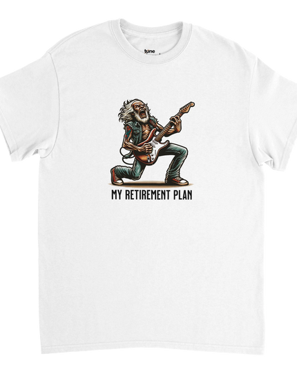 My Retirement Plan Guitar T‑shirt with electric guitar illustration and slogan
