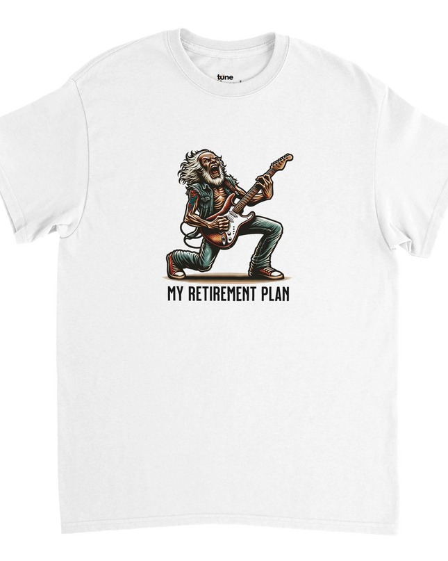 My Retirement Plan Guitar T‑shirt with electric guitar illustration and slogan

