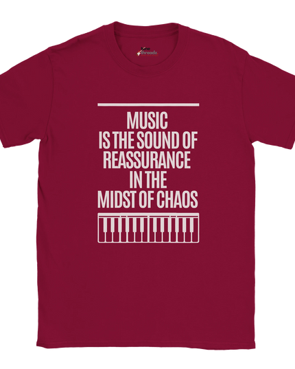 Close-up of calming message design on music T‑shirt