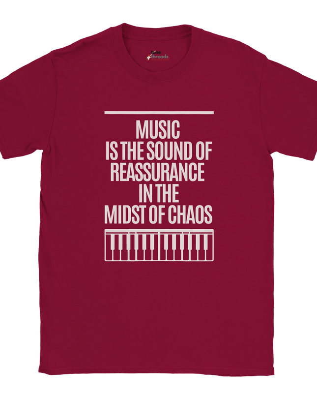 Close-up of calming message design on music T‑shirt