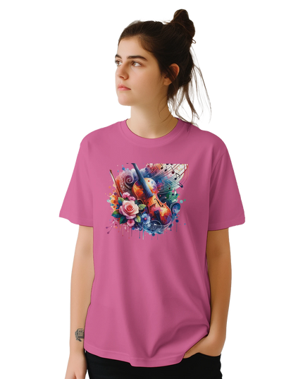 Crisp white tee styled with composer sheet music flat-lay