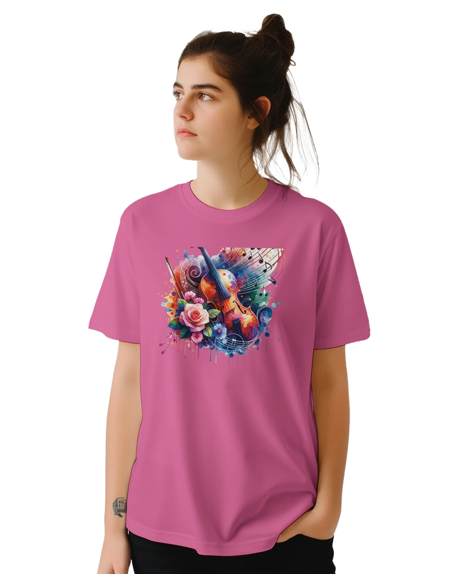 Crisp white tee styled with composer sheet music flat-lay