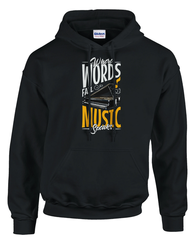 Music Speaks pullover hoodie with bold lyric graphic on soft fleece