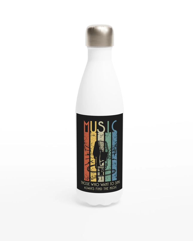 Sing-branded 17 oz stainless steel water bottle in white with music motif”
