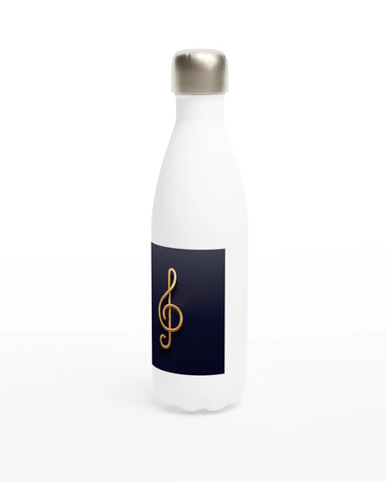 Close-up of sleek elongated neck and leak‑proof cap on music-themed water bottle
