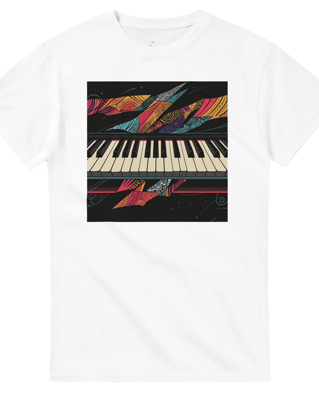 Close-up of seamless collar and piano-themed print texture