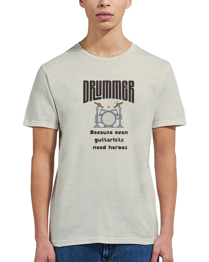 Black music tee featuring drummer hero slogan