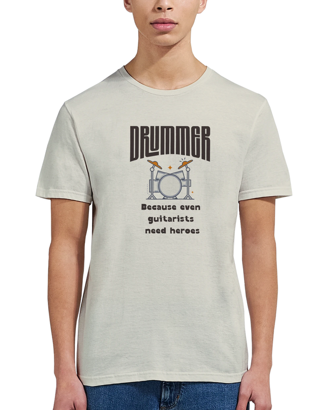 Black music tee featuring drummer hero slogan