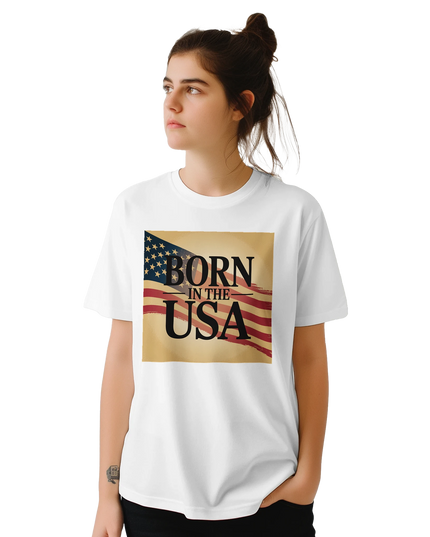 White T‑shirt featuring large USA slogan graphic design