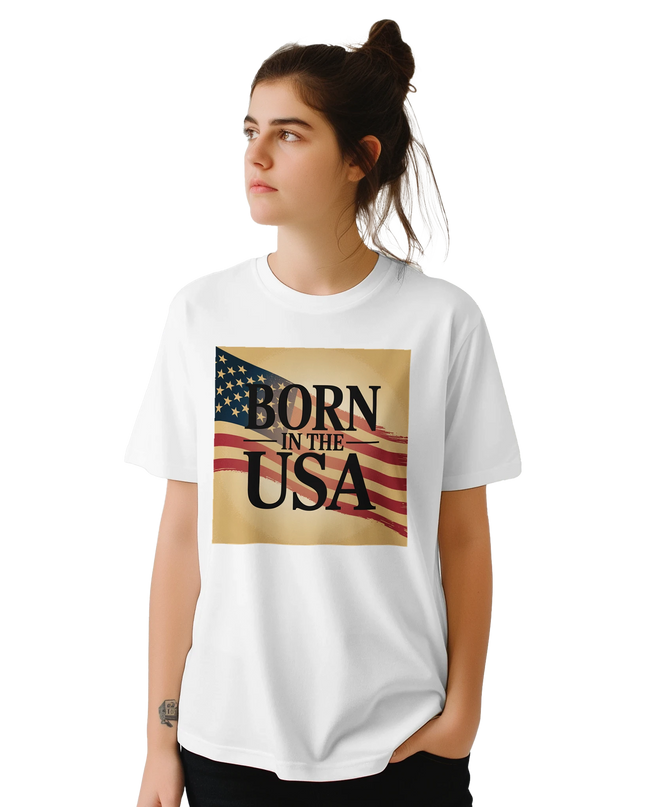 White T‑shirt featuring large USA slogan graphic design
