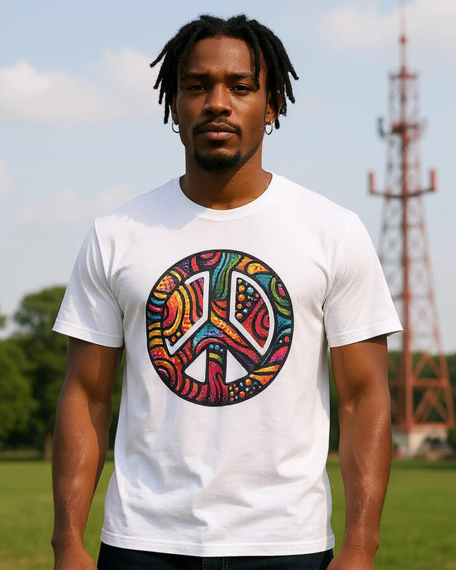 Retro-inspired colorful peace tee celebrating unity message