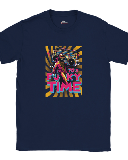 Model wearing Funky Time music fan T‑shirt casually