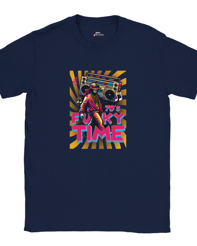 Model wearing Funky Time music fan T‑shirt casually