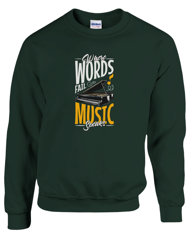 Unisex sweatshirt printed with bold ‘Music Speaks’ lyric design