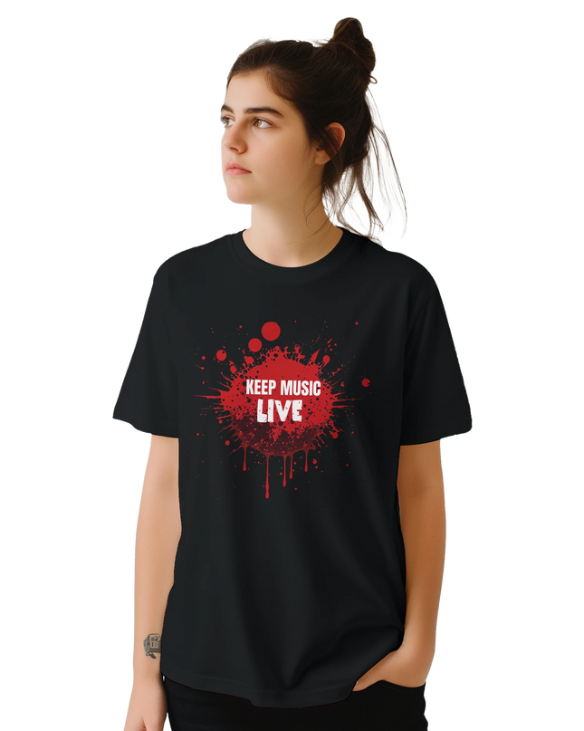Casual tee with bold live music preservation message