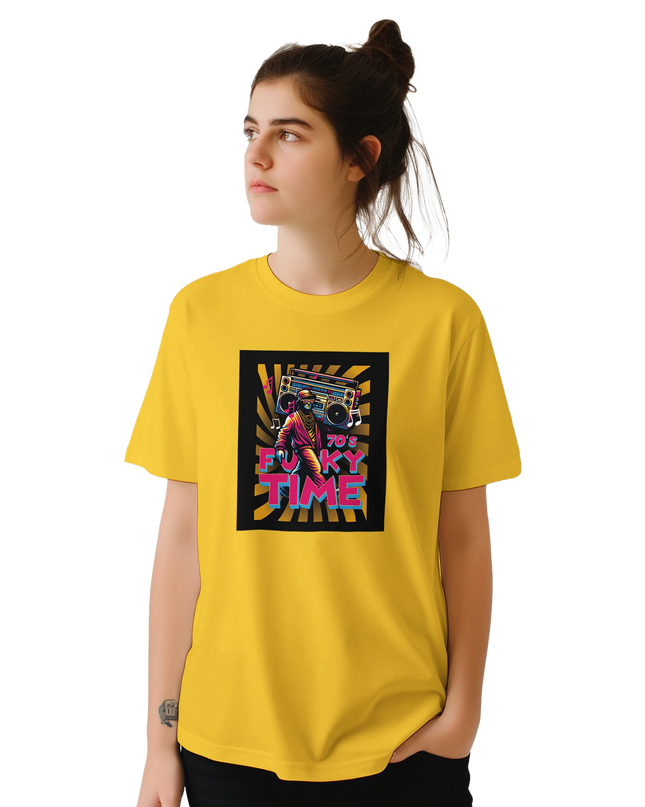 Model wearing Funky Time music tee casually styled