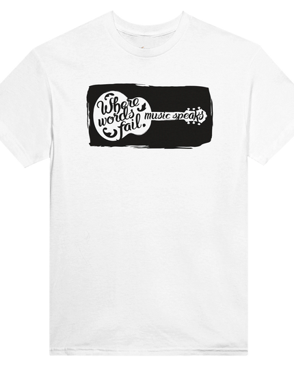 Model wearing Music Speaks tee styled with vinyl records and casual jeans
