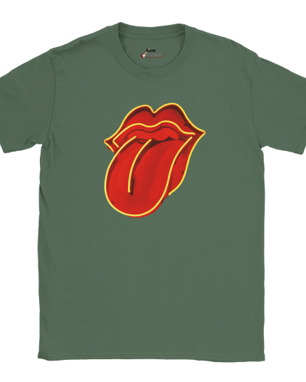 Close-up of tongue design on music-themed shirt