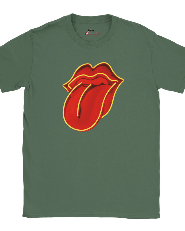 Close-up of tongue design on music-themed shirt