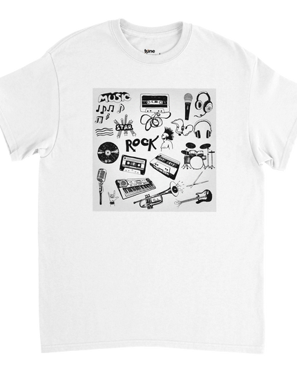 Close-up of seamless double‑needle collar and vibrant print on music tee