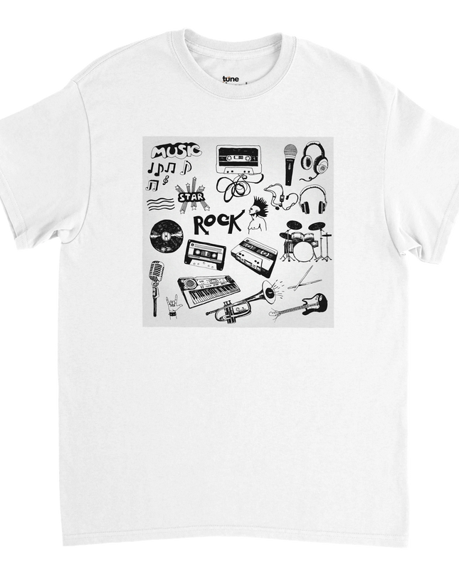 Close-up of seamless double‑needle collar and vibrant print on music tee