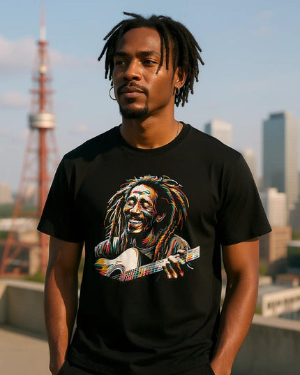 Model wearing relaxed-fit Reggae 2 shirt styled with denim and dreadlocks vibe