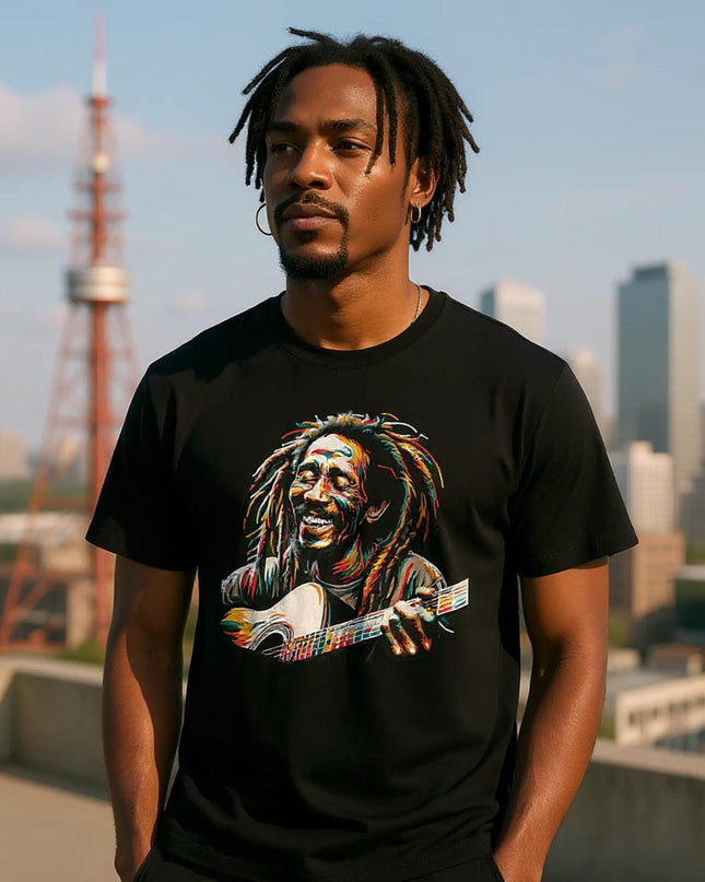 Model wearing relaxed-fit Reggae 2 shirt styled with denim and dreadlocks vibe