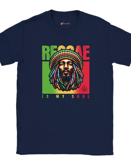 Close-up of reggae slogan design on unisex shirt