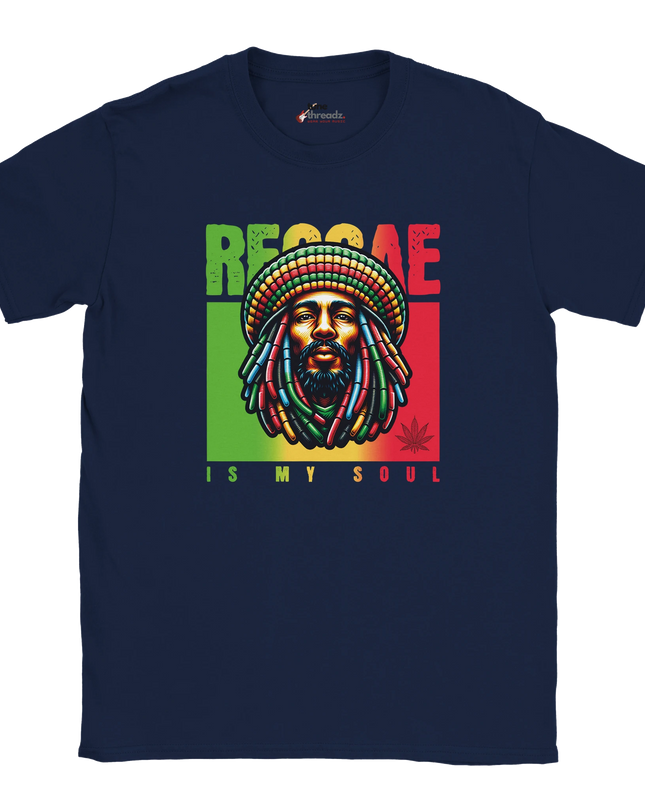 Close-up of reggae slogan design on unisex shirt