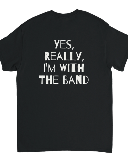 Model wearing the tee backstage with guitar in the background