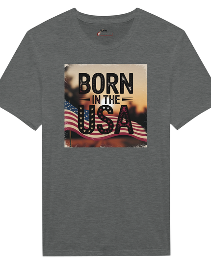 Unisex tee with bold ‘Born in the USA’ text and flag motif