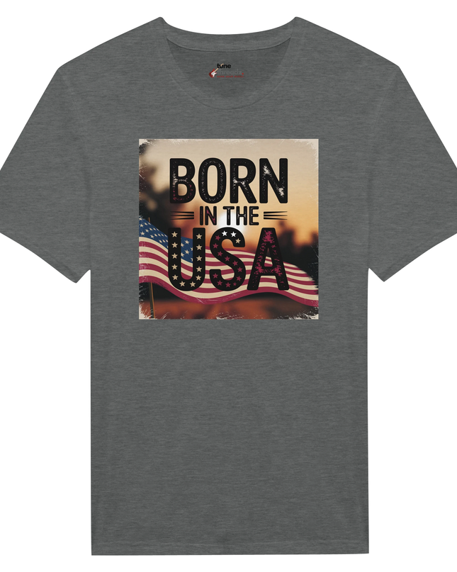 Unisex tee with bold ‘Born in the USA’ text and flag motif