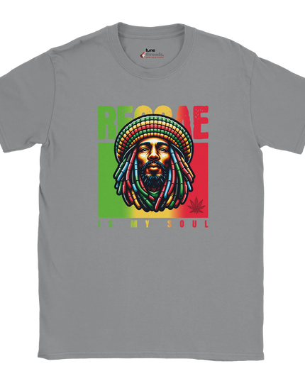 Close-up of reggae slogan design on unisex shirt
