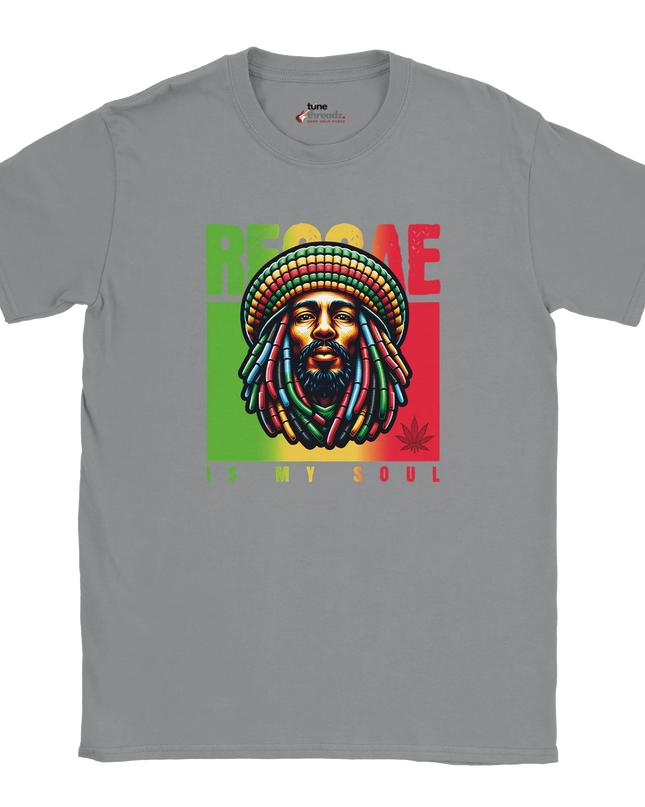 Close-up of reggae slogan design on unisex shirt