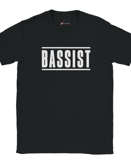 Close-up of leather‑tone font design on bassist shirt