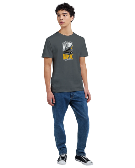 Lifestyle shot: tee styled with headphones and music notebook