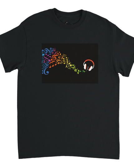 Close-up of seamless double‑needle collar and vibrant print on music tee