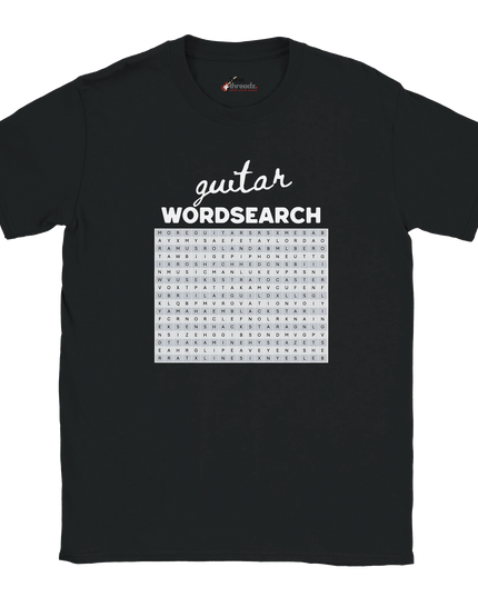 Close-up of puzzle-style word search design listing guitars and amps