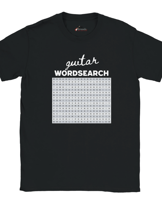 Close-up of puzzle-style word search design listing guitars and amps