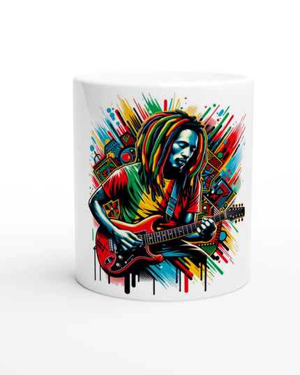 White 11 oz ceramic mug with bold music graphic print