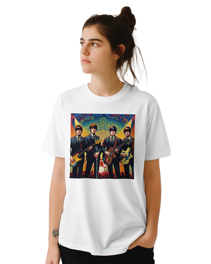 Close-up of Fab Four print on relaxed-fit shirt