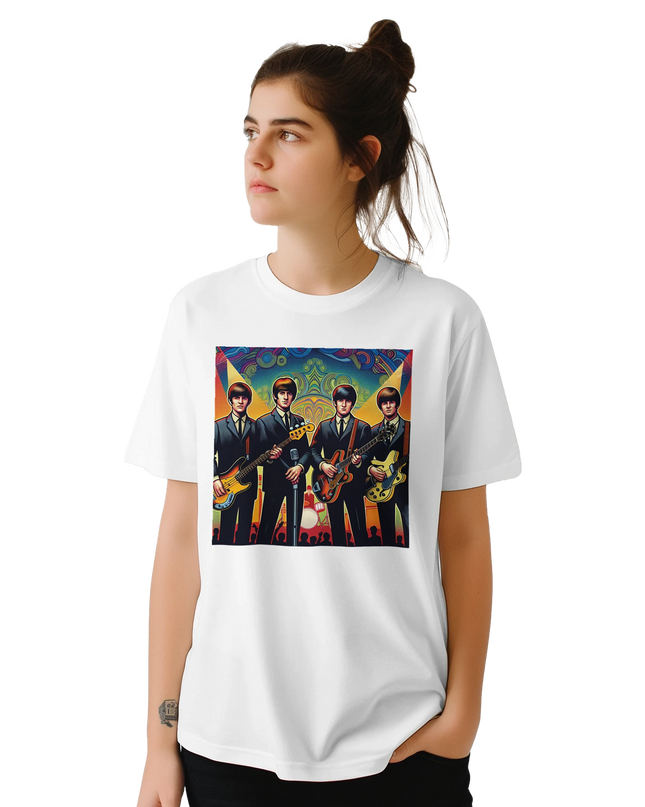 Close-up of Fab Four print on relaxed-fit shirt