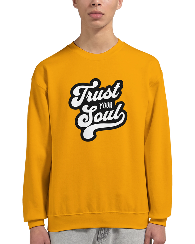 Close-up of positive mantra design on sweatshirt sleeve and body